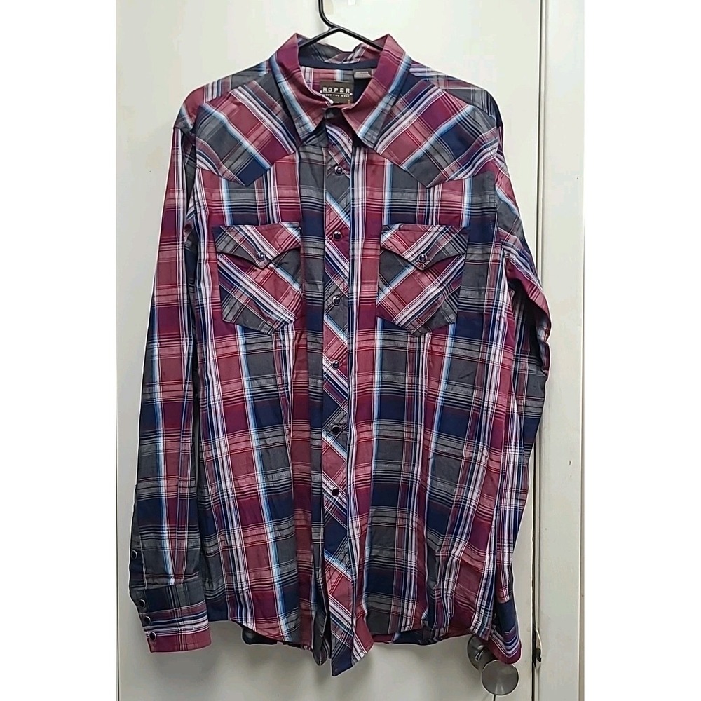 Vgt ROPER Shirt‎  Blue Red Anderson Modern Plaid Western Pearl Snap Men's Size M